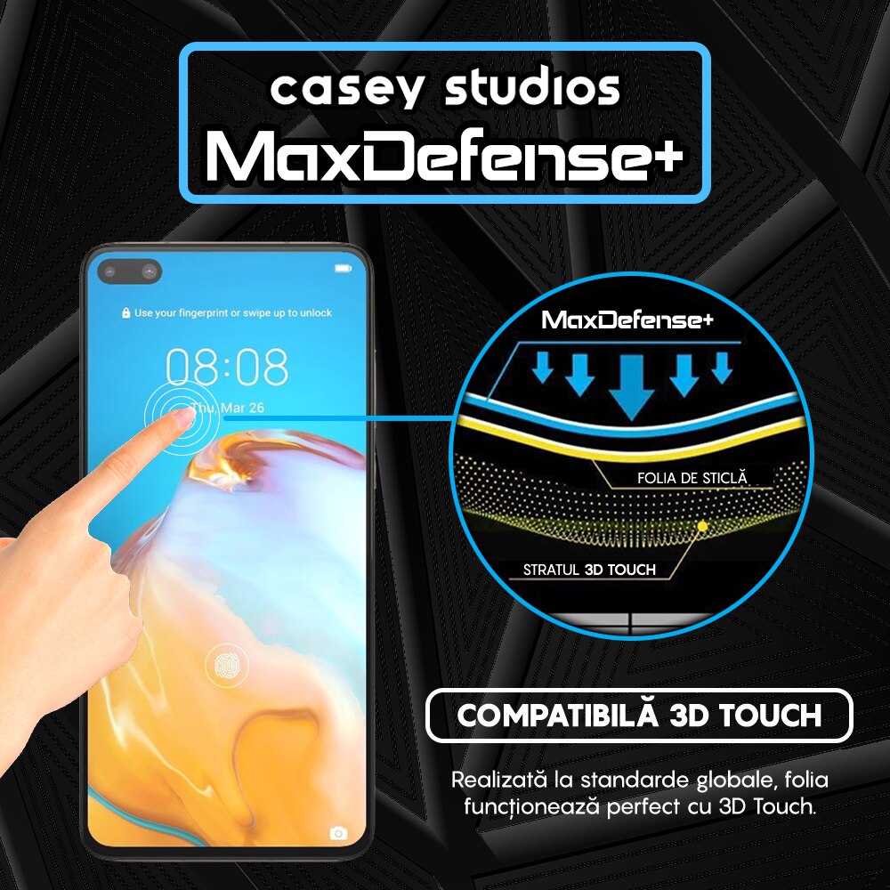 Folie Sticla CASEY STUDIOS™ compatibila cu Huawei P40, Full Cover 3D, Full Glue, Duritate Militara, Ultra HD, Anti Zgarieturi, Anti Socuri, Margini Negre