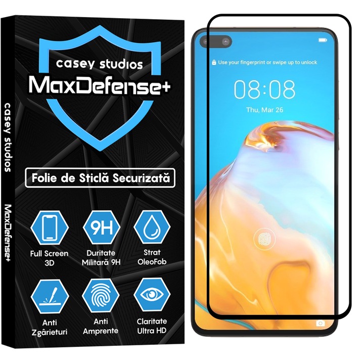 Folie Sticla CASEY STUDIOS™ compatibila cu Huawei P40, Full Cover 3D, Full Glue, Duritate Militara, Ultra HD, Anti Zgarieturi, Anti Socuri, Margini Negre