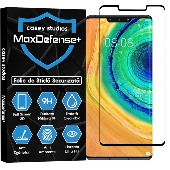 CASEY STUDIOS™ üvegfólia kompatibilis a Huawei Mate 30 Pro / Mate 30 Pro 5G telefonnal, teljes ragasztóval, katonai keménység, Ultra HD, karcolásgátló, ütésálló, fekete élek