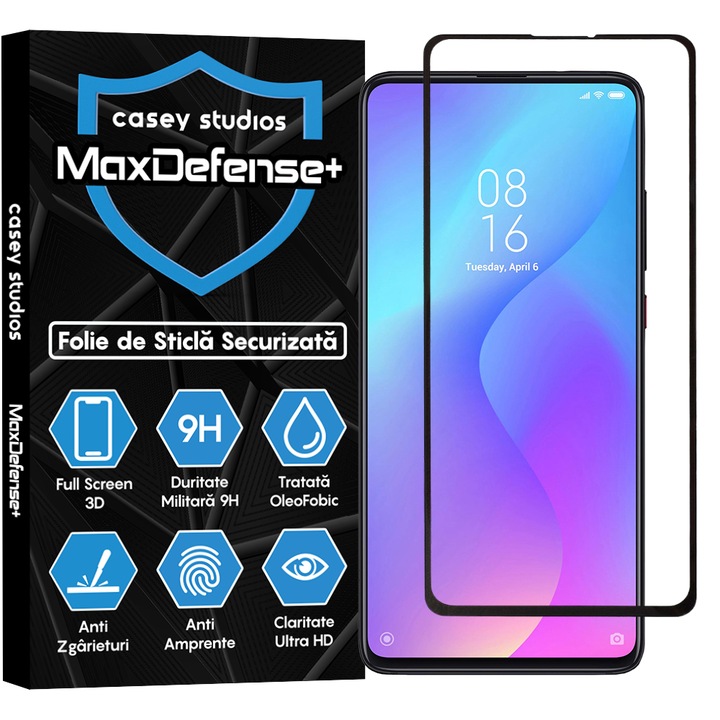 Casey Studios üvegfólia, kompatibilis a Xiaomi Mi 9T / Redmi K20 / Redmi K20 Pro készülékekkel, teljes ragasztóval, katonai keménység, Ultra HD, karcolásgátló, ütésálló, fekete élek