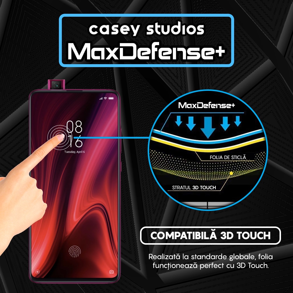 Folie Sticla CASEY STUDIOS™ compatibila cu Xiaomi Mi 9T / Redmi K20 / Redmi K20 Pro, Full Cover 3D, Full Glue, Duritate Militara, Ultra HD, Anti Zgarieturi, Anti Socuri, Margini Negre