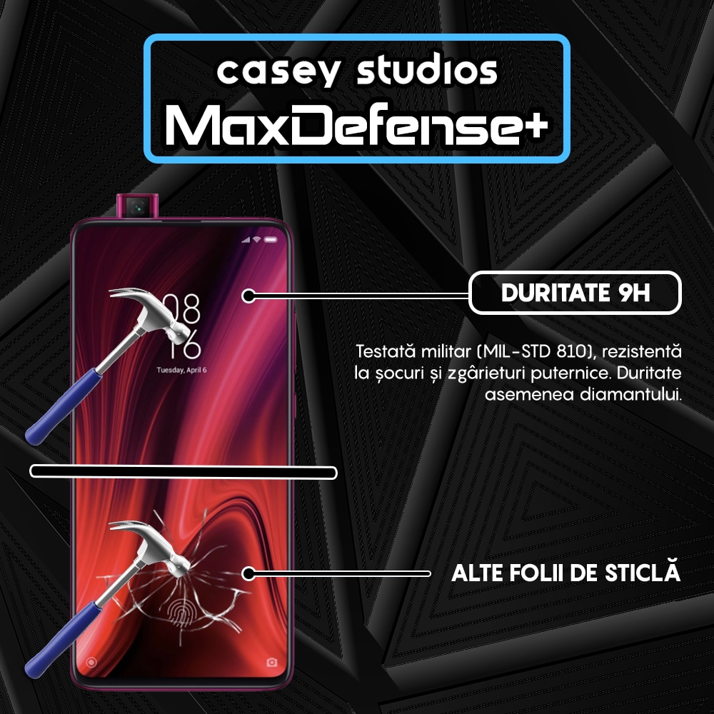 Folie Sticla CASEY STUDIOS™ compatibila cu Xiaomi Mi 9T / Redmi K20 / Redmi K20 Pro, Full Cover 3D, Full Glue, Duritate Militara, Ultra HD, Anti Zgarieturi, Anti Socuri, Margini Negre