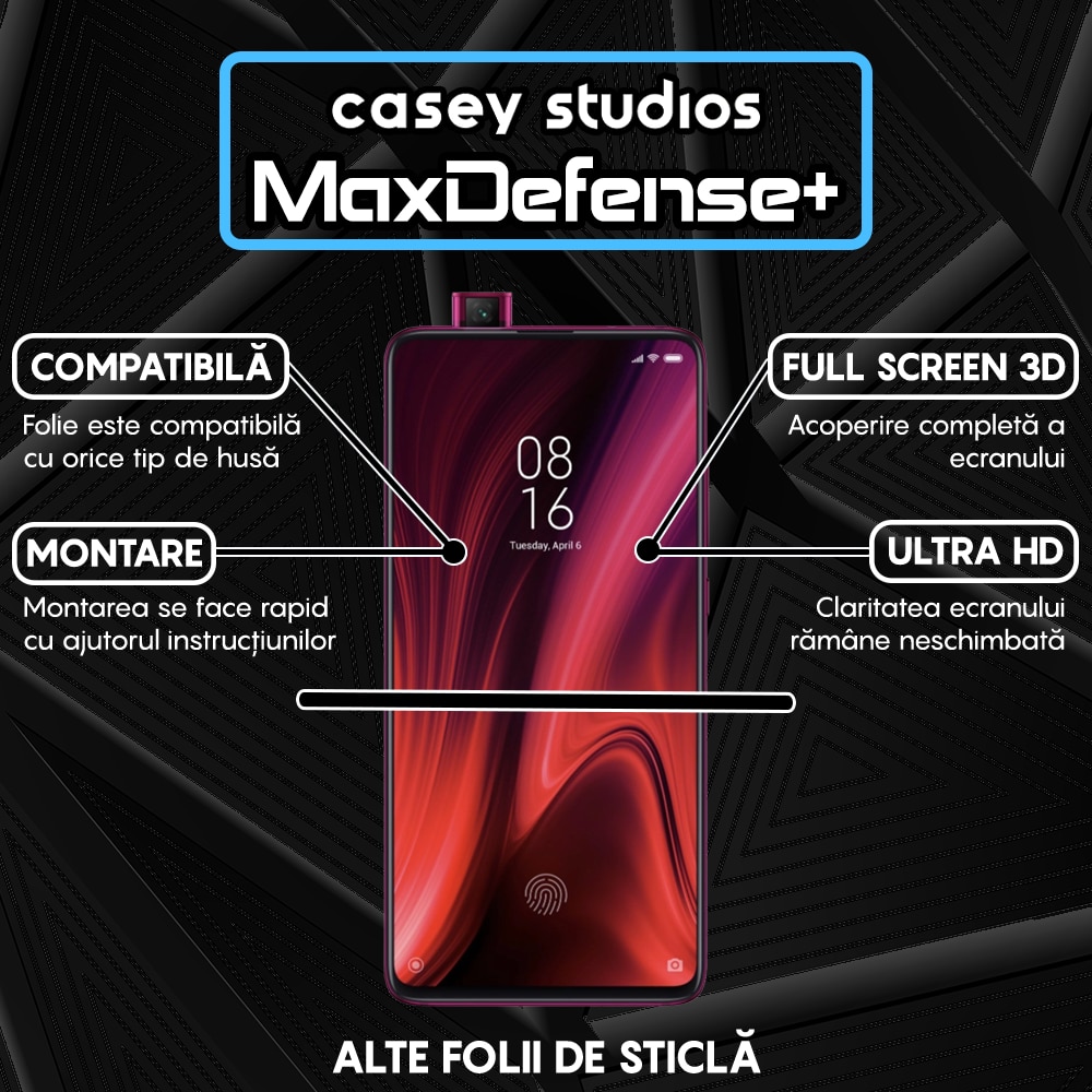 Folie Sticla CASEY STUDIOS™ compatibila cu Xiaomi Mi 9T / Redmi K20 / Redmi K20 Pro, Full Cover 3D, Full Glue, Duritate Militara, Ultra HD, Anti Zgarieturi, Anti Socuri, Margini Negre