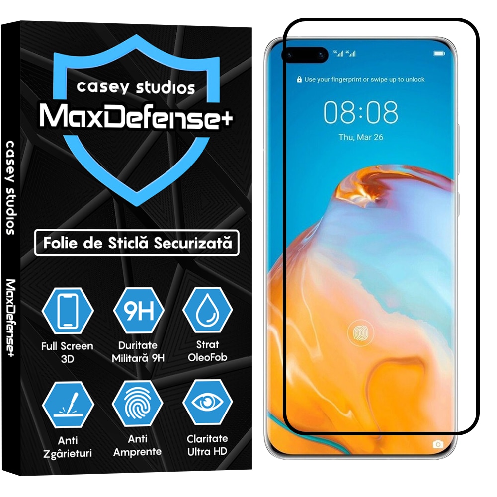 Folie Sticla CASEY STUDIOS™ compatibila cu Huawei P40 Pro / P40 Pro Plus, Full Cover 3D, Full Glue, Duritate Militara, Ultra HD, Anti Zgarieturi, Anti Socuri, Margini Negre