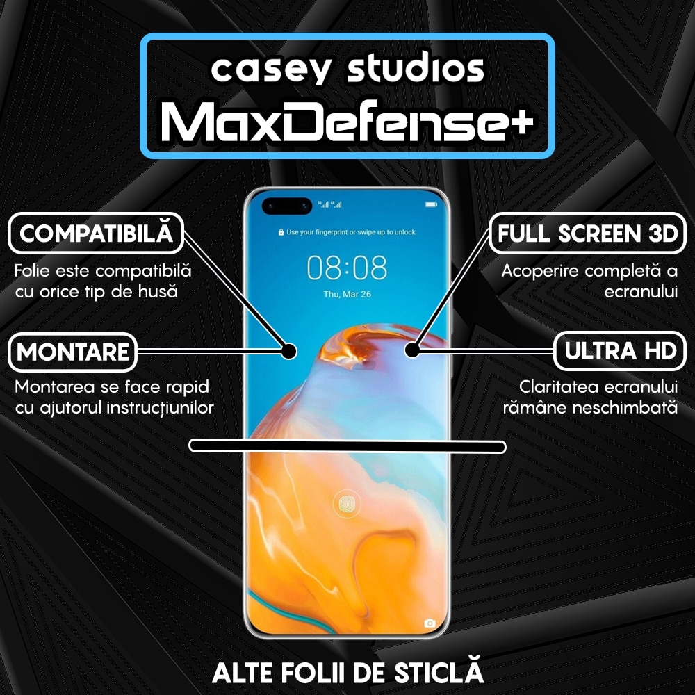 Folie Sticla CASEY STUDIOS™ compatibila cu Huawei P40 Pro / P40 Pro Plus, Full Cover 3D, Full Glue, Duritate Militara, Ultra HD, Anti Zgarieturi, Anti Socuri, Margini Negre