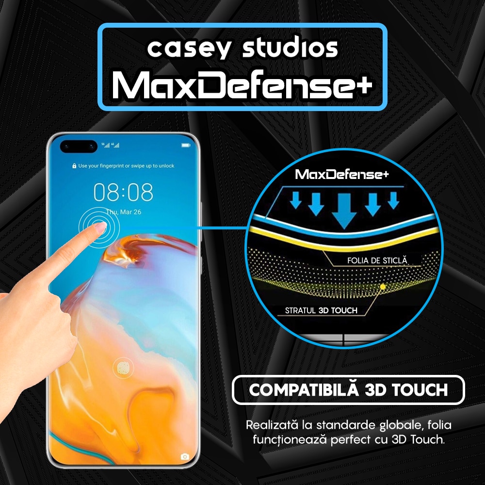 Folie Sticla CASEY STUDIOS™ compatibila cu Huawei P40 Pro / P40 Pro Plus, Full Cover 3D, Full Glue, Duritate Militara, Ultra HD, Anti Zgarieturi, Anti Socuri, Margini Negre