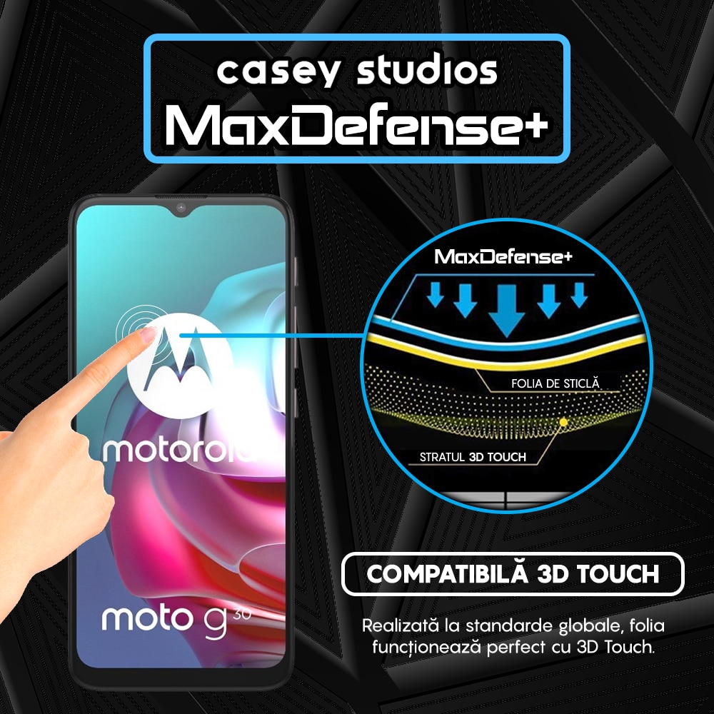 Folie Sticla CASEY STUDIOS™ compatibila cu Motorola Moto E7 Plus / Moto G10 / Moto G20 / Moto G30 / Moto G9 Play, Full Cover 3D, Full Glue, Duritate Militara, Ultra HD, Anti Zgarieturi, Anti Socuri, Margini Negre