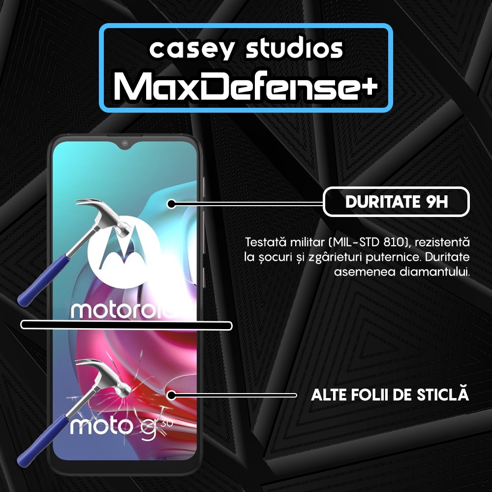 Folie Sticla CASEY STUDIOS™ compatibila cu Motorola Moto E7 Plus / Moto G10 / Moto G20 / Moto G30 / Moto G9 Play, Full Cover 3D, Full Glue, Duritate Militara, Ultra HD, Anti Zgarieturi, Anti Socuri, Margini Negre