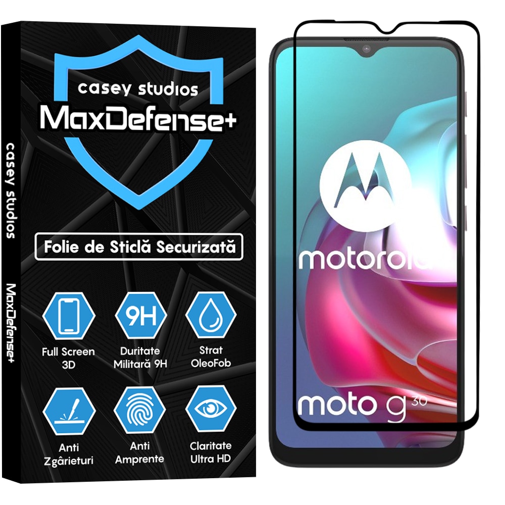 Folie Sticla CASEY STUDIOS™ compatibila cu Motorola Moto E7 Plus / Moto G10 / Moto G20 / Moto G30 / Moto G9 Play, Full Cover 3D, Full Glue, Duritate Militara, Ultra HD, Anti Zgarieturi, Anti Socuri, Margini Negre