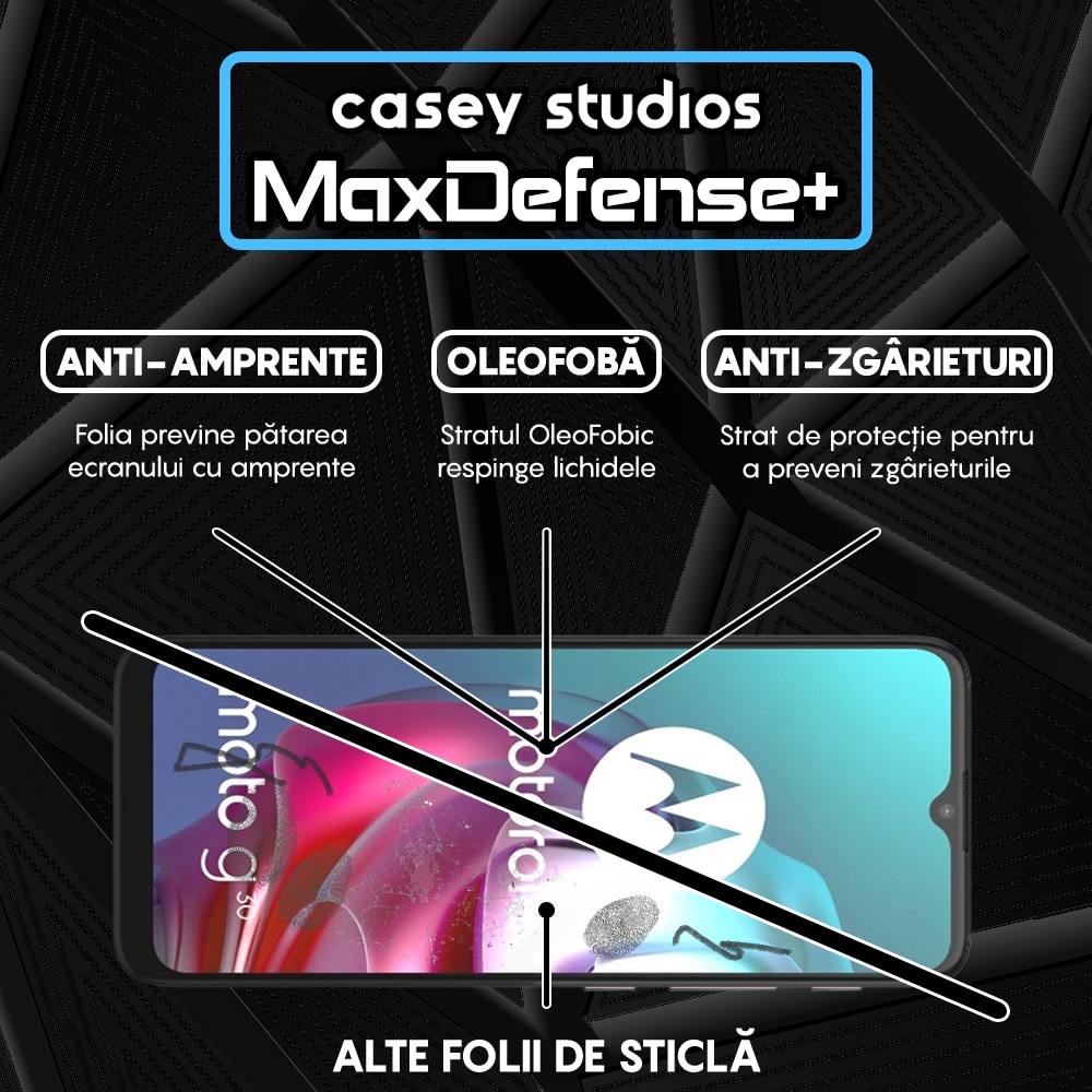 Folie Sticla CASEY STUDIOS™ compatibila cu Motorola Moto E7 Plus / Moto G10 / Moto G20 / Moto G30 / Moto G9 Play, Full Cover 3D, Full Glue, Duritate Militara, Ultra HD, Anti Zgarieturi, Anti Socuri, Margini Negre