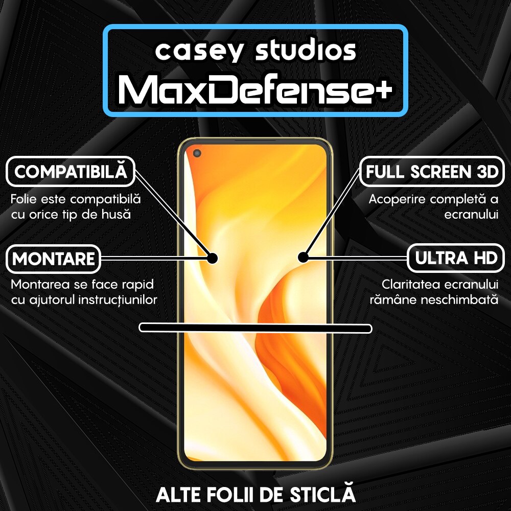 Folie Sticla CASEY STUDIOS™ compatibila cu Xiaomi 11 Lite 5G NE / Mi 11 Lite / Mi 11 Lite 5G, Full Cover 3D, Full Glue, Duritate Militara, Ultra HD, Anti Zgarieturi, Anti Socuri, Margini Negre