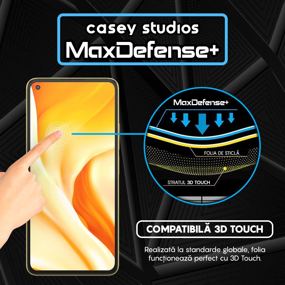 Folie Sticla CASEY STUDIOS™ compatibila cu Xiaomi 11 Lite 5G NE / Mi 11 Lite / Mi 11 Lite 5G, Full Cover 3D, Full Glue, Duritate Militara, Ultra HD, Anti Zgarieturi, Anti Socuri, Margini Negre
