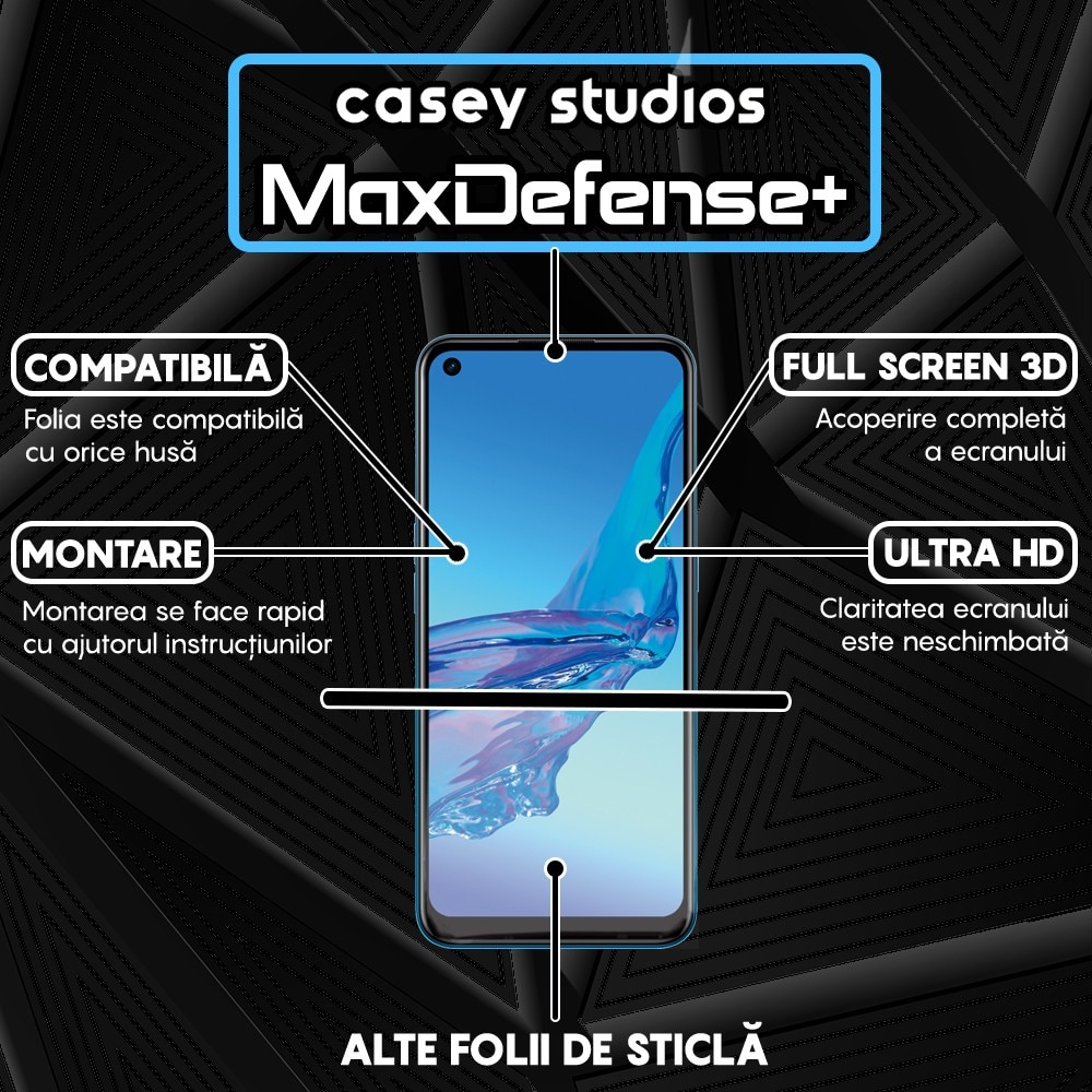 Folie Sticla CASEY STUDIOS™ compatibila cu Oppo A53 / A53s, Full Cover 3D, Full Glue, Duritate Militara, Ultra HD, Anti Zgarieturi, Anti Socuri, Margini Negre