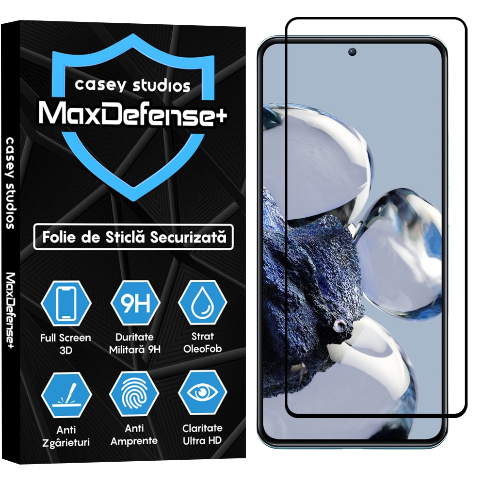Folie Sticla CASEY STUDIOS™ compatibila cu Xiaomi 12T / Xiaomi 12T Pro, Full Cover 3D, Full Glue, Duritate Militara, Ultra HD, Anti Zgarieturi, Anti Socuri, Margini Negre