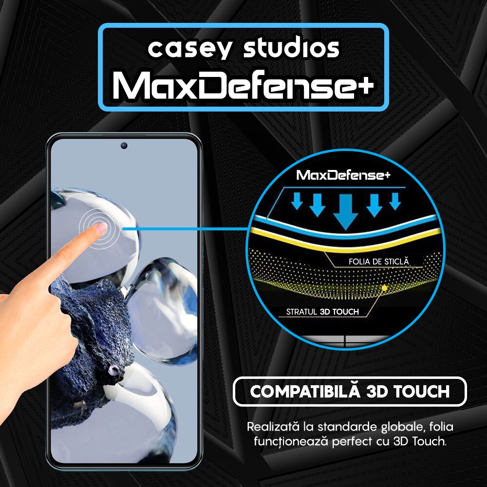 Folie Sticla CASEY STUDIOS™ compatibila cu Xiaomi 12T / Xiaomi 12T Pro, Full Cover 3D, Full Glue, Duritate Militara, Ultra HD, Anti Zgarieturi, Anti Socuri, Margini Negre