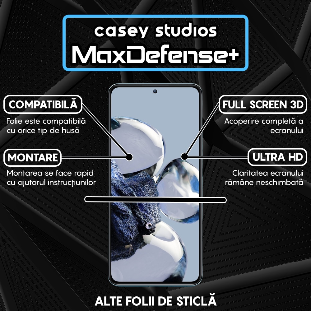 Folie Sticla CASEY STUDIOS™ compatibila cu Xiaomi 12T / Xiaomi 12T Pro, Full Cover 3D, Full Glue, Duritate Militara, Ultra HD, Anti Zgarieturi, Anti Socuri, Margini Negre