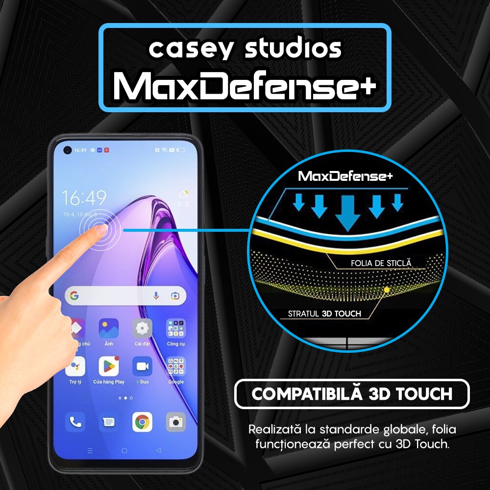 Folie Sticla CASEY STUDIOS™ compatibila cu Oppo Reno8 5G, Full Cover 3D, Full Glue, Duritate Militara, Ultra HD, Anti Zgarieturi, Anti Socuri, Margini Negre