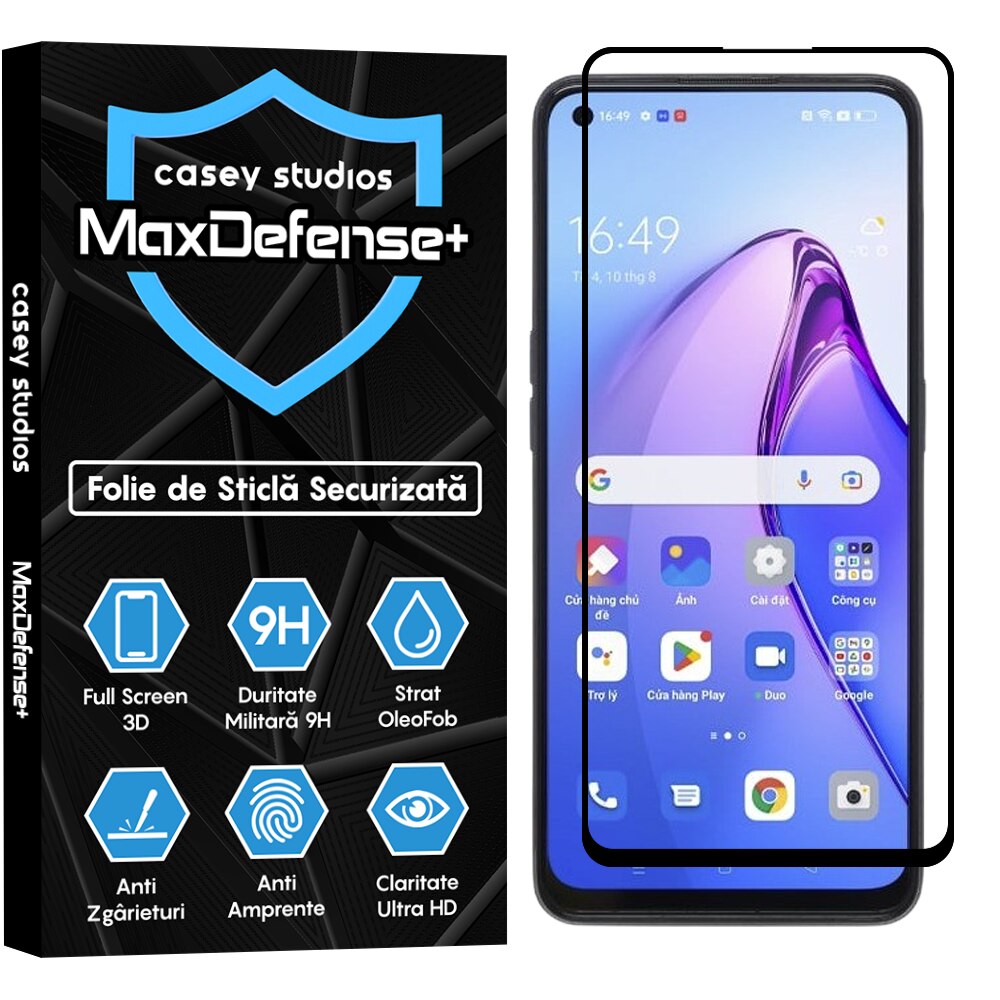 Folie Sticla CASEY STUDIOS™ compatibila cu Oppo Reno8 5G, Full Cover 3D, Full Glue, Duritate Militara, Ultra HD, Anti Zgarieturi, Anti Socuri, Margini Negre