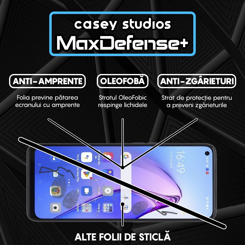 Folie Sticla CASEY STUDIOS™ compatibila cu Oppo Reno8 5G, Full Cover 3D, Full Glue, Duritate Militara, Ultra HD, Anti Zgarieturi, Anti Socuri, Margini Negre