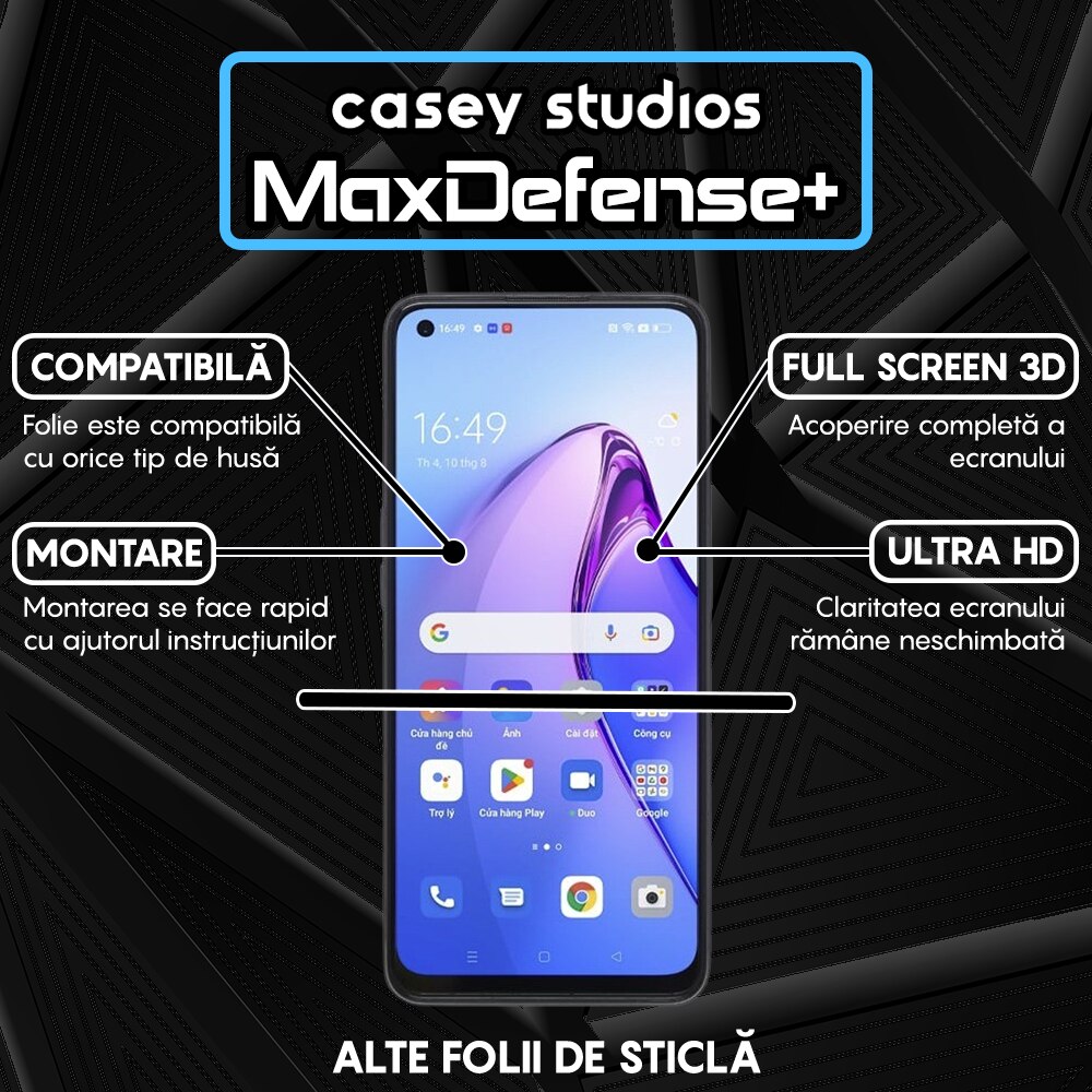 Folie Sticla CASEY STUDIOS™ compatibila cu Oppo Reno8 5G, Full Cover 3D, Full Glue, Duritate Militara, Ultra HD, Anti Zgarieturi, Anti Socuri, Margini Negre