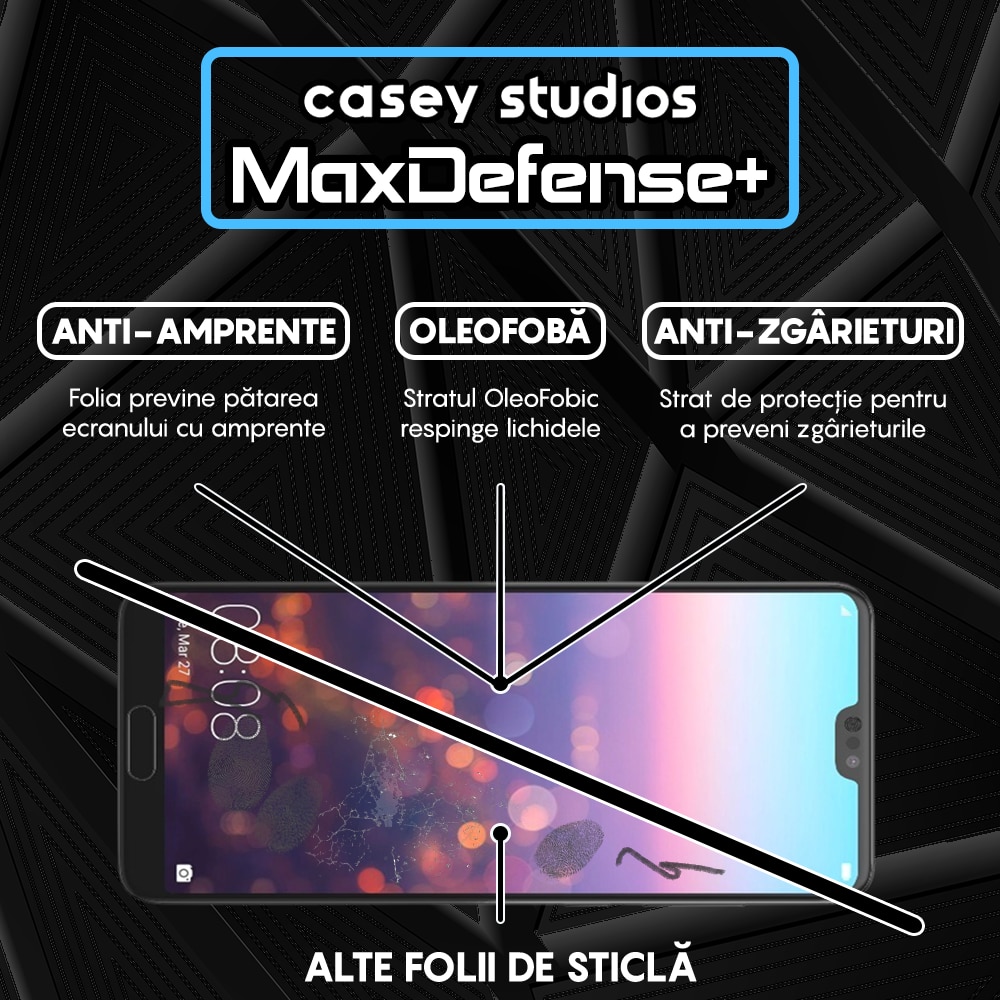 Folie Sticla CASEY STUDIOS™ compatibila cu Huawei P20 Pro, Full Cover 3D, Full Glue, Duritate Militara, Ultra HD, Anti Zgarieturi, Anti Socuri, Margini Negre