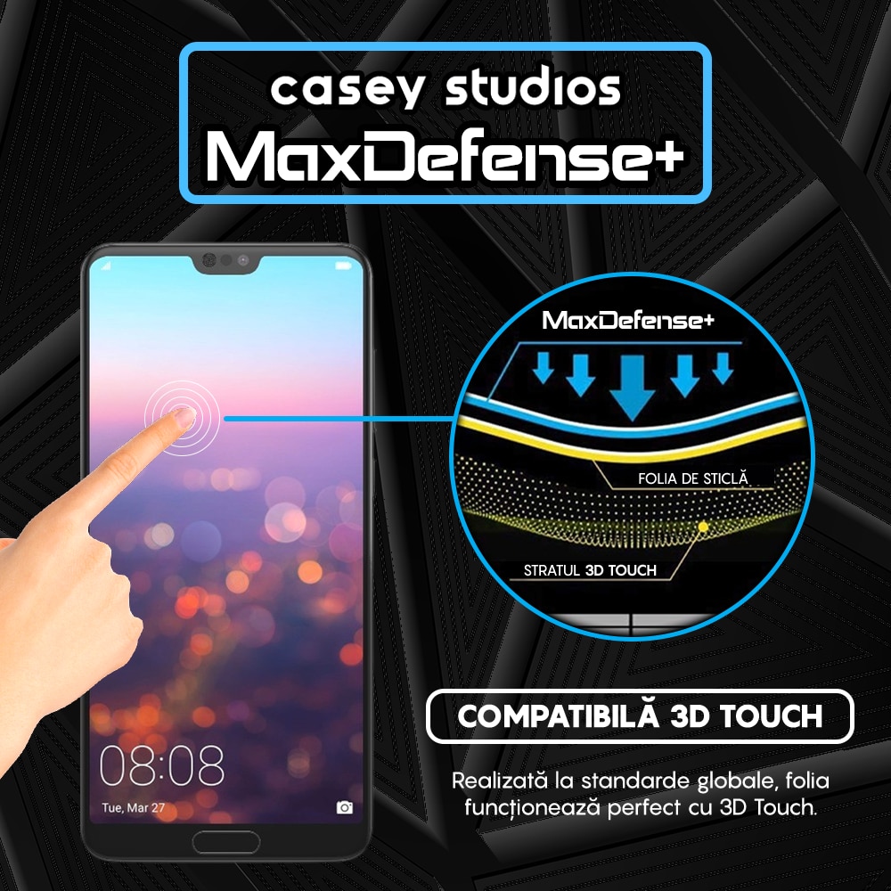 Folie Sticla CASEY STUDIOS™ compatibila cu Huawei P20 Pro, Full Cover 3D, Full Glue, Duritate Militara, Ultra HD, Anti Zgarieturi, Anti Socuri, Margini Negre