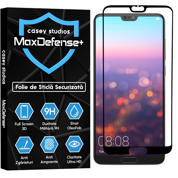 Folie Sticla CASEY STUDIOS™ compatibila cu Huawei P20 Pro, Full Cover 3D, Full Glue, Duritate Militara, Ultra HD, Anti Zgarieturi, Anti Socuri, Margini Negre