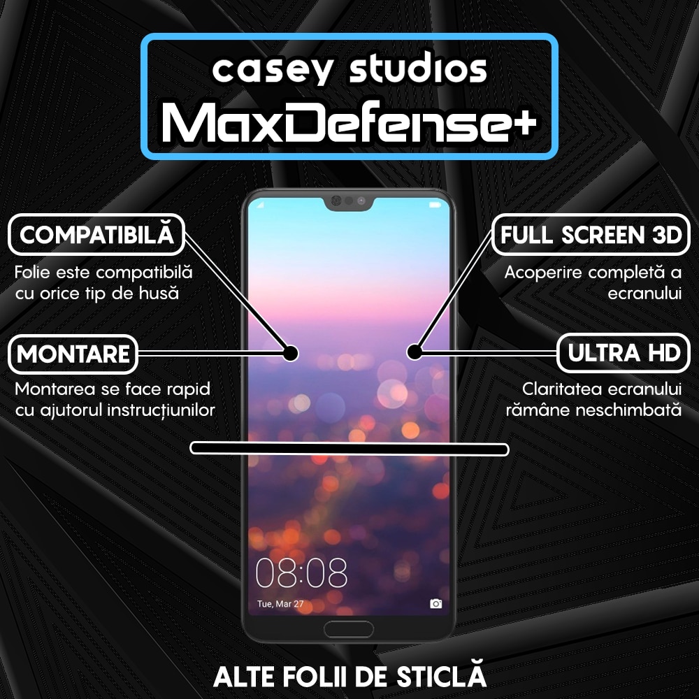 Folie Sticla CASEY STUDIOS™ compatibila cu Huawei P20 Pro, Full Cover 3D, Full Glue, Duritate Militara, Ultra HD, Anti Zgarieturi, Anti Socuri, Margini Negre