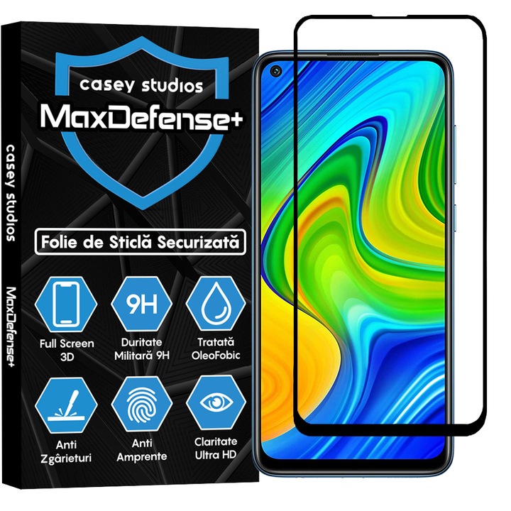 CASEY STUDIOS™ üvegfólia kompatibilis a Xiaomi Redmi Note 9 / Redmi 10X 4G, teljes ragasztóval, katonai keménység, Ultra HD, karcolásgátló, ütésálló, fekete élekkel
