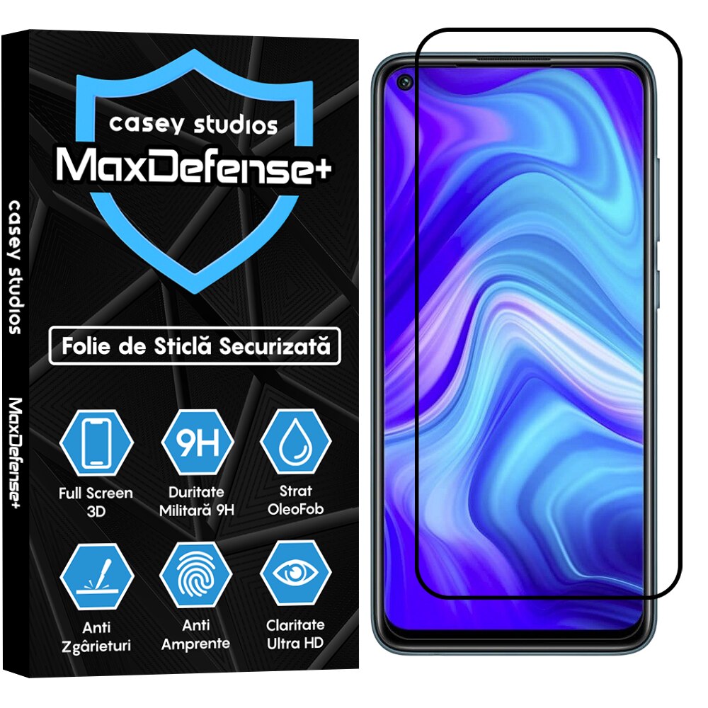 Folie Sticla CASEY STUDIOS™ compatibila cu Xiaomi Redmi Note 9 / Redmi 10X 4G, Full Cover 3D, Full Glue, Duritate Militara, Ultra HD, Anti Zgarieturi, Anti Socuri, Margini Negre