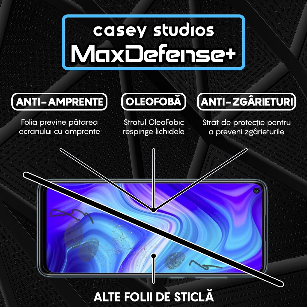 Folie Sticla CASEY STUDIOS™ compatibila cu Xiaomi Redmi Note 9 / Redmi 10X 4G, Full Cover 3D, Full Glue, Duritate Militara, Ultra HD, Anti Zgarieturi, Anti Socuri, Margini Negre