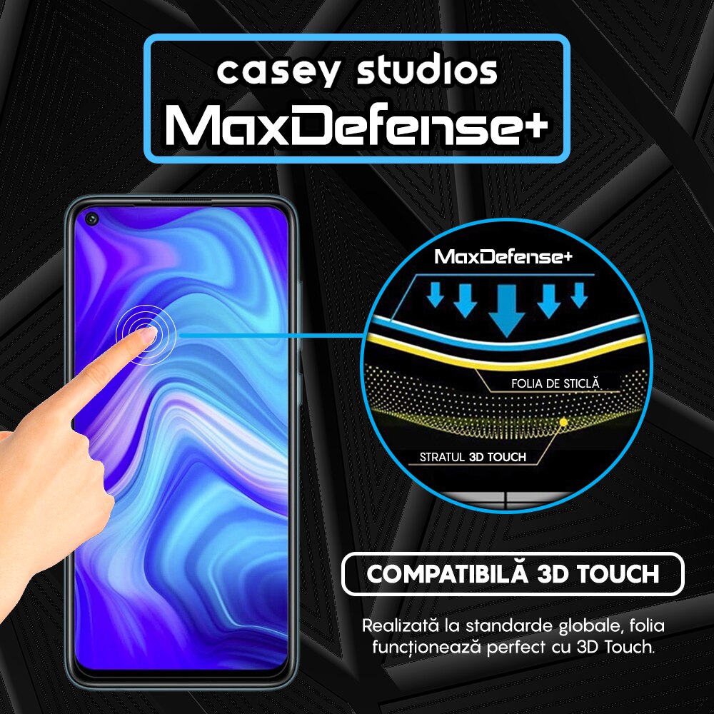Folie Sticla CASEY STUDIOS™ compatibila cu Xiaomi Redmi Note 9 / Redmi 10X 4G, Full Cover 3D, Full Glue, Duritate Militara, Ultra HD, Anti Zgarieturi, Anti Socuri, Margini Negre