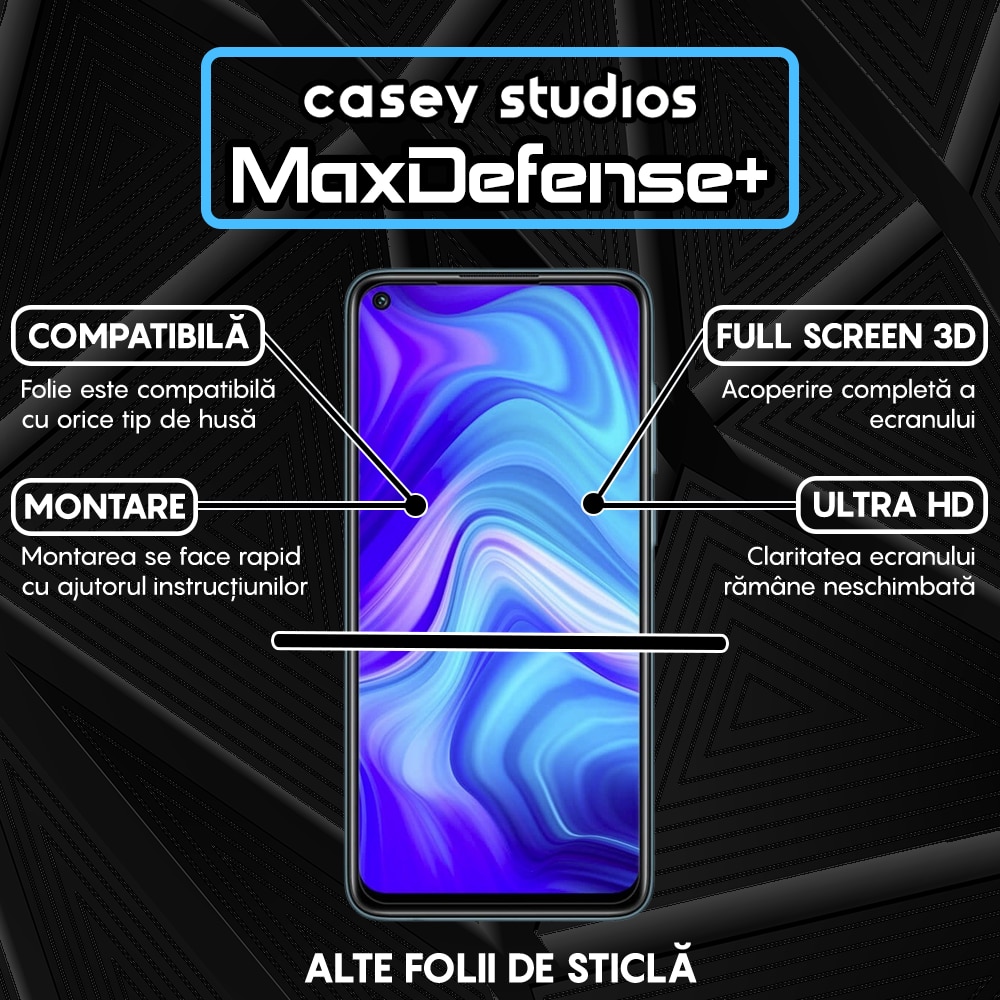 Folie Sticla CASEY STUDIOS™ compatibila cu Xiaomi Redmi Note 9 / Redmi 10X 4G, Full Cover 3D, Full Glue, Duritate Militara, Ultra HD, Anti Zgarieturi, Anti Socuri, Margini Negre