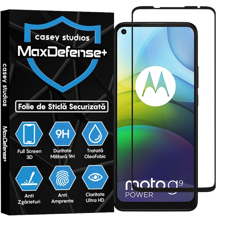 CASEY STUDIOS™ üvegfólia kompatibilis a Motorola Moto G9 Power, Full Glue, katonai keménység, Ultra HD, karcolásgátló, ütésálló, fekete élekkel