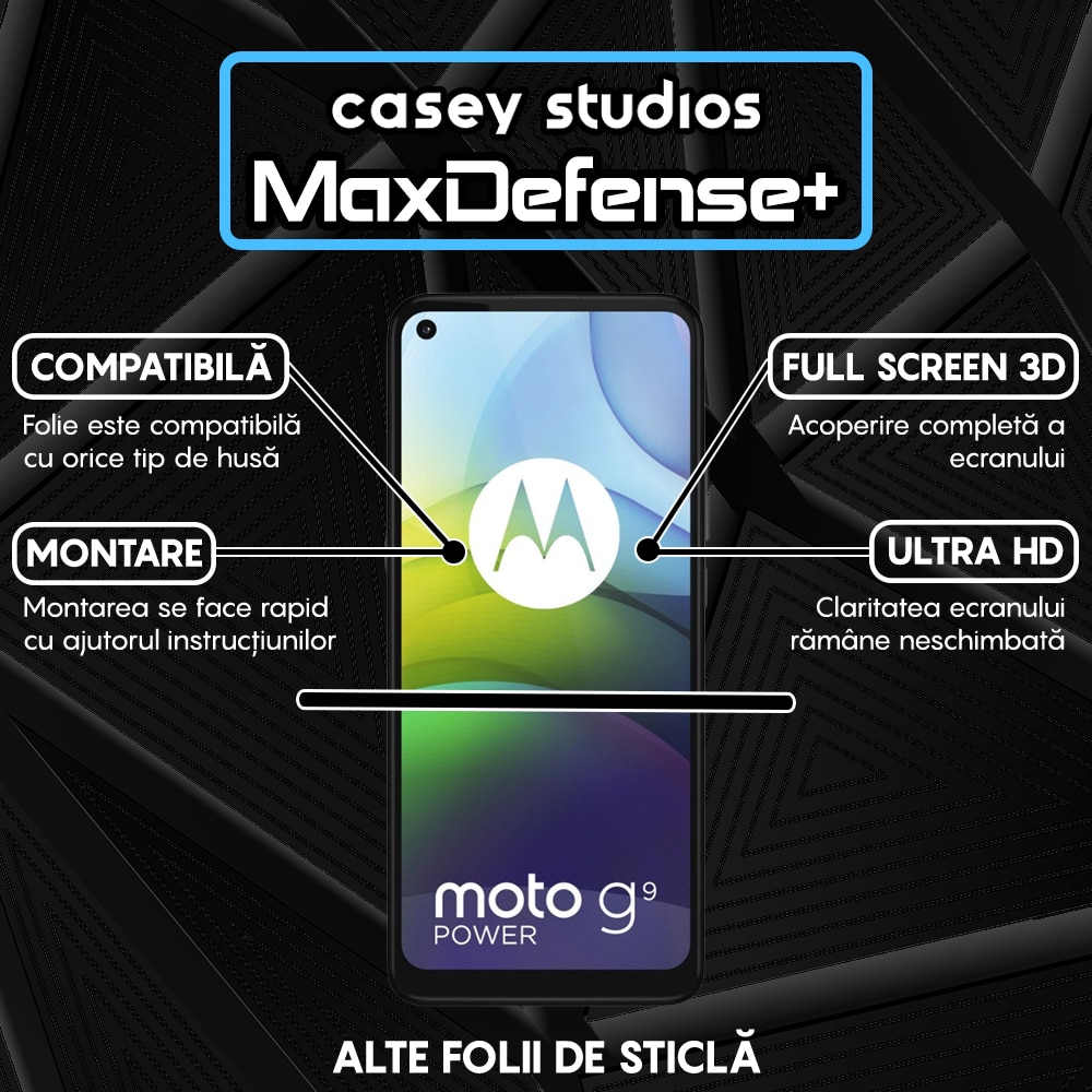 Folie Sticla CASEY STUDIOS™ compatibila cu Motorola Moto G9 Power, Full Cover 3D, Full Glue, Duritate Militara, Ultra HD, Anti Zgarieturi, Anti Socuri, Margini Negre