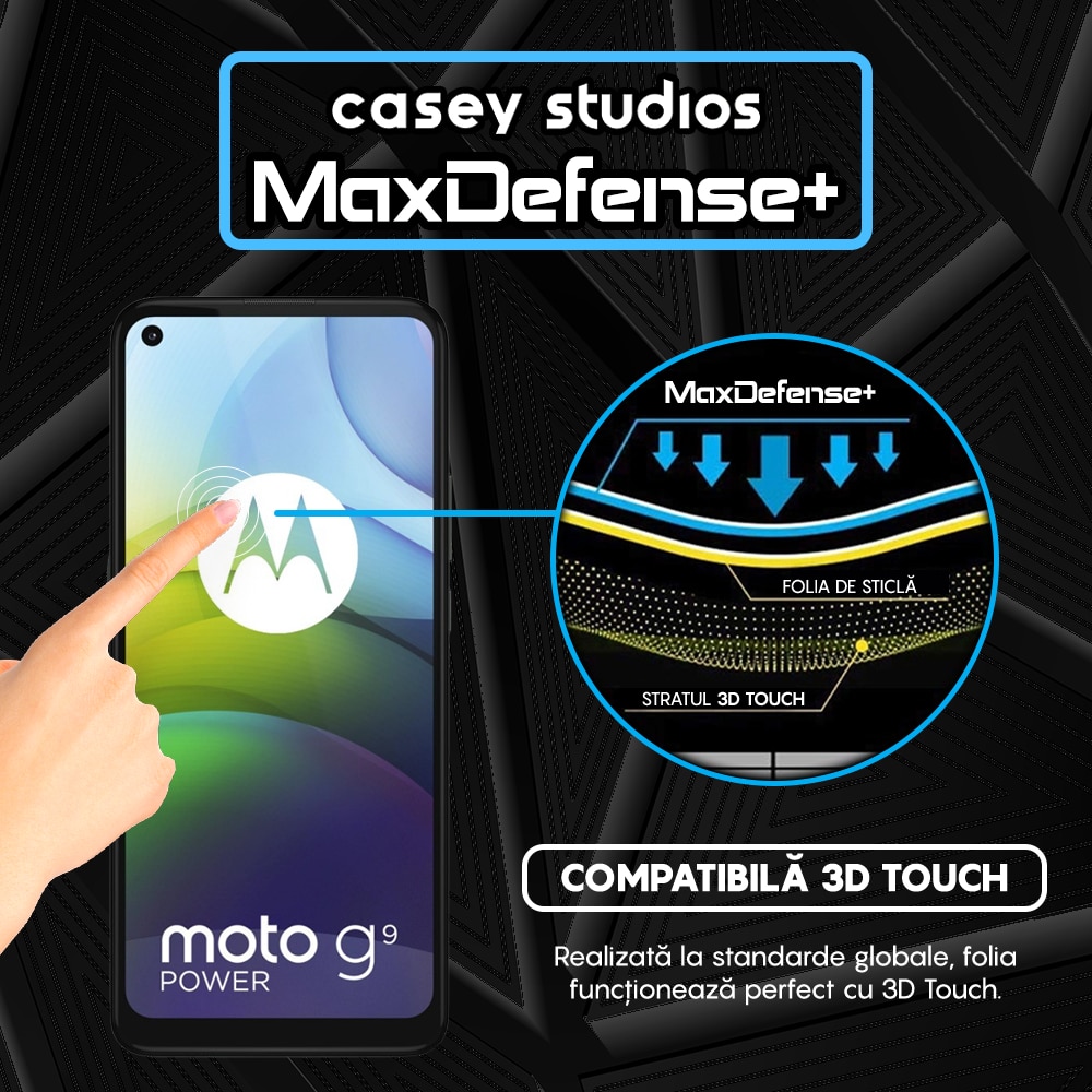 Folie Sticla CASEY STUDIOS™ compatibila cu Motorola Moto G9 Power, Full Cover 3D, Full Glue, Duritate Militara, Ultra HD, Anti Zgarieturi, Anti Socuri, Margini Negre