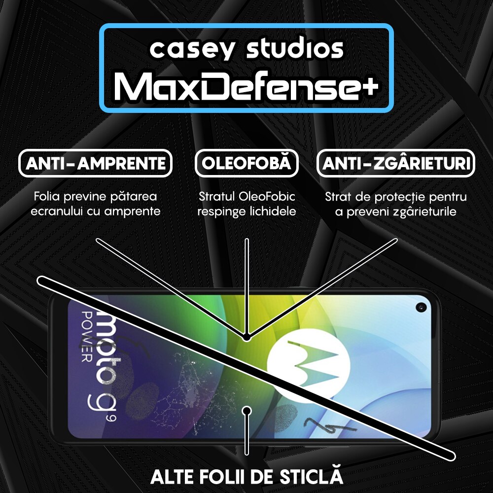 Folie Sticla CASEY STUDIOS™ compatibila cu Motorola Moto G9 Power, Full Cover 3D, Full Glue, Duritate Militara, Ultra HD, Anti Zgarieturi, Anti Socuri, Margini Negre
