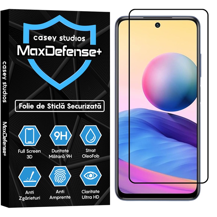Folie Sticla CASEY STUDIOS™ compatibila cu Xiaomi Poco M5s / Redmi Note 10 4G / Redmi Note 10S, Full Cover 3D, Full Glue, Duritate Militara, Ultra HD, Anti Zgarieturi, Anti Socuri, Margini Negre