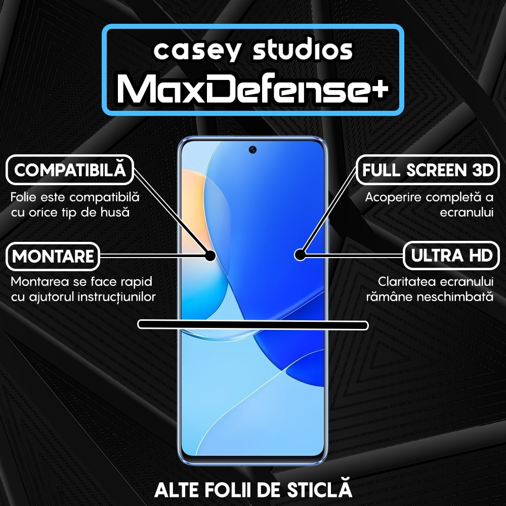 Folie Sticla CASEY STUDIOS™ compatibila cu Huawei nova 9 SE, Full Cover 3D, Full Glue, Duritate Militara, Ultra HD, Anti Zgarieturi, Anti Socuri, Margini Negre
