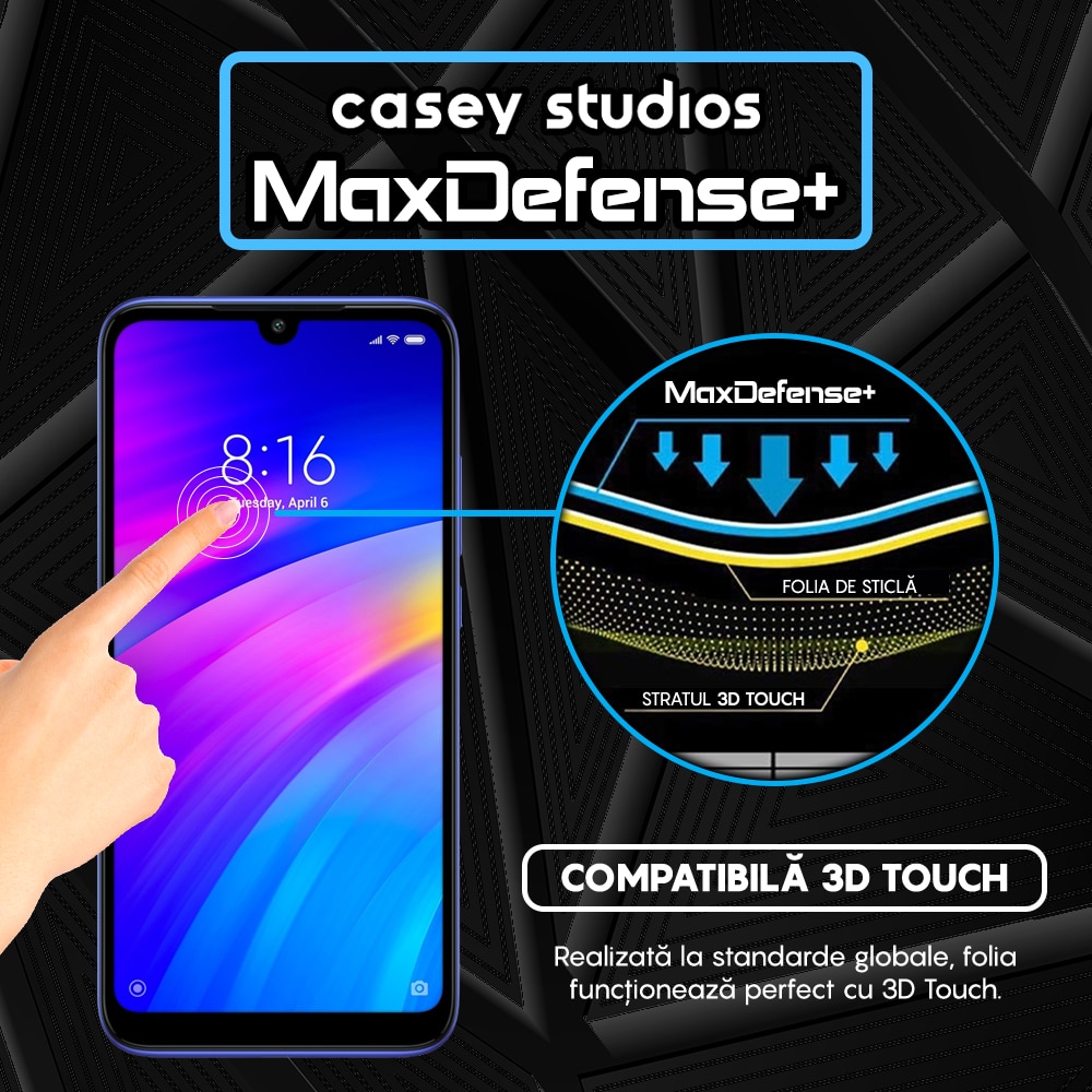 Folie Sticla CASEY STUDIOS™ compatibila cu Xiaomi Redmi Note 7 / Redmi Note 7 Pro, Full Cover 3D, Full Glue, Duritate Militara, Ultra HD, Anti Zgarieturi, Anti Socuri, Margini Negre