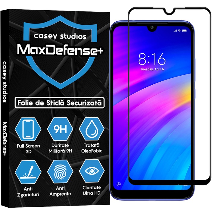 CASEY STUDIOS™ üvegfólia kompatibilis a Xiaomi Redmi Note 7 / Redmi Note 7 Pro készülékekkel, teljes ragasztó, katonai keménység, Ultra HD, karcolásgátló, ütésálló, fekete élek