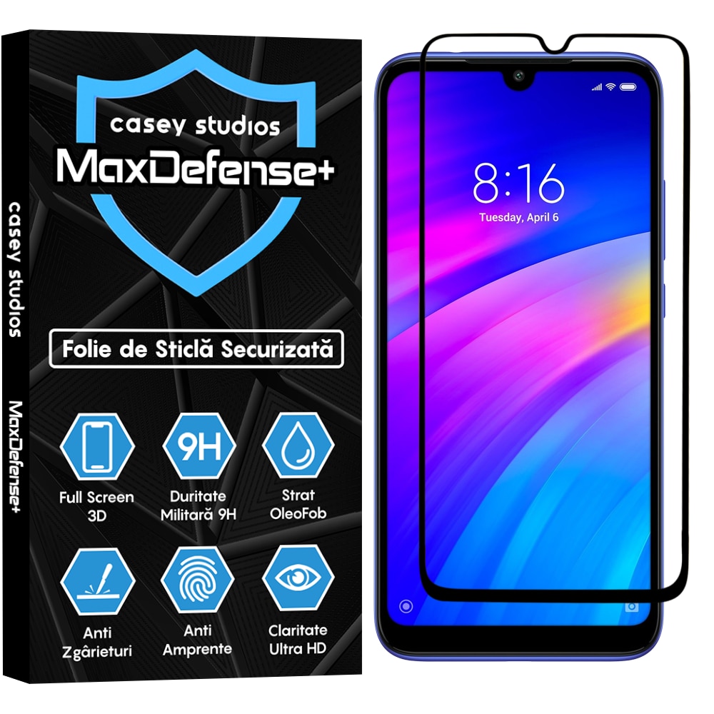 Folie Sticla CASEY STUDIOS™ compatibila cu Xiaomi Redmi Note 7 / Redmi Note 7 Pro, Full Cover 3D, Full Glue, Duritate Militara, Ultra HD, Anti Zgarieturi, Anti Socuri, Margini Negre