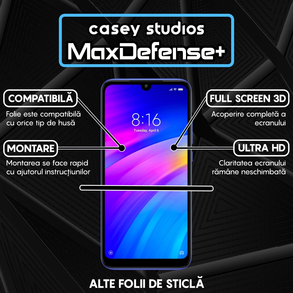 Folie Sticla CASEY STUDIOS™ compatibila cu Xiaomi Redmi Note 7 / Redmi Note 7 Pro, Full Cover 3D, Full Glue, Duritate Militara, Ultra HD, Anti Zgarieturi, Anti Socuri, Margini Negre