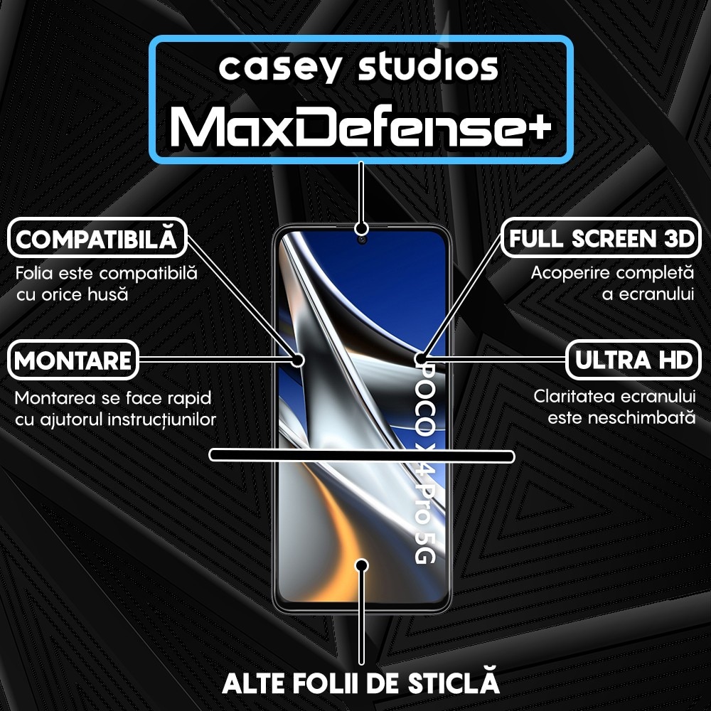 Folie Sticla CASEY STUDIOS™ compatibila cu Xiaomi Poco X4 Pro 5G / Redmi Note 11 Pro 4G / Redmi Note 11 Pro 5G / Redmi Note 11 Pro+ 5G, Full Cover 3D, Full Glue, Duritate Militara, Ultra HD, Anti Zgarieturi, Anti Socuri, Margini Negre