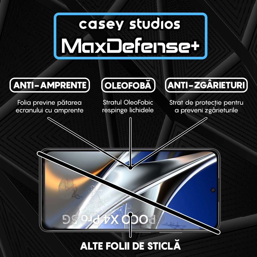 Folie Sticla CASEY STUDIOS™ compatibila cu Xiaomi Poco X4 Pro 5G / Redmi Note 11 Pro 4G / Redmi Note 11 Pro 5G / Redmi Note 11 Pro+ 5G, Full Cover 3D, Full Glue, Duritate Militara, Ultra HD, Anti Zgarieturi, Anti Socuri, Margini Negre