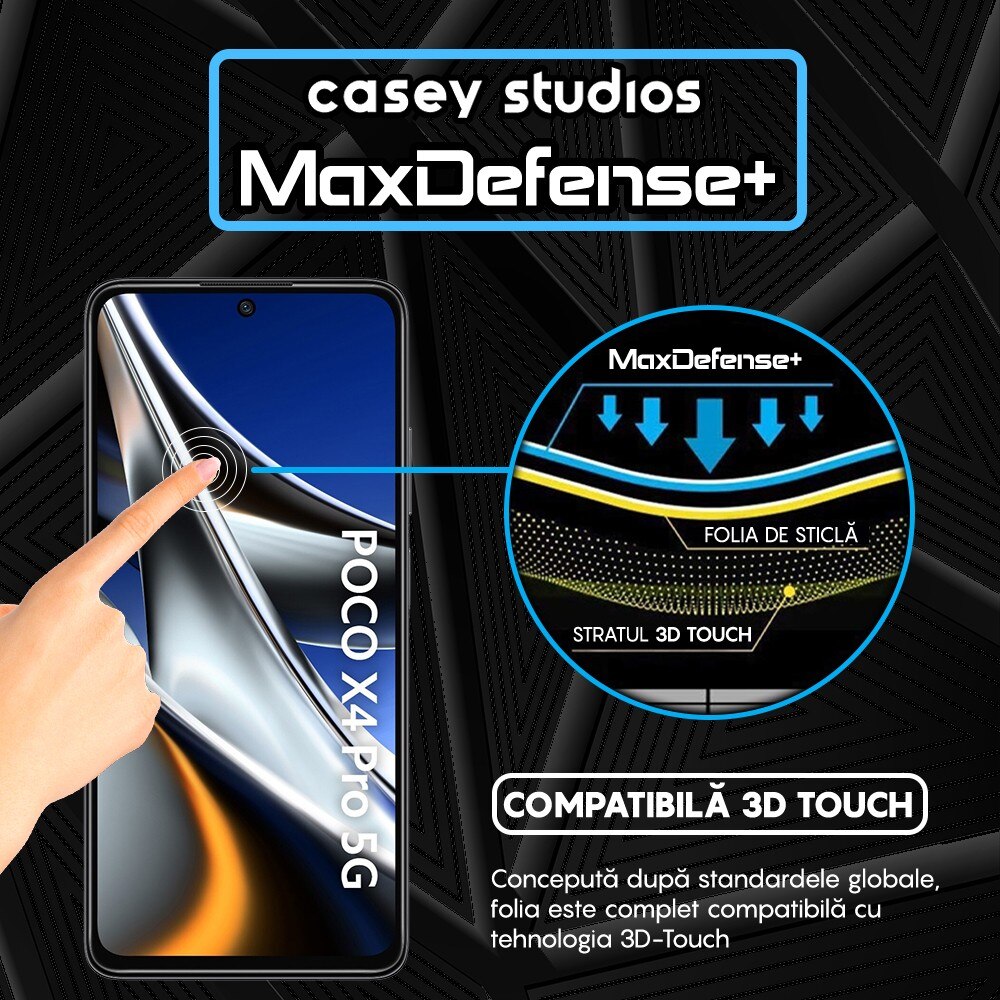 Folie Sticla CASEY STUDIOS™ compatibila cu Xiaomi Poco X4 Pro 5G / Redmi Note 11 Pro 4G / Redmi Note 11 Pro 5G / Redmi Note 11 Pro+ 5G, Full Cover 3D, Full Glue, Duritate Militara, Ultra HD, Anti Zgarieturi, Anti Socuri, Margini Negre