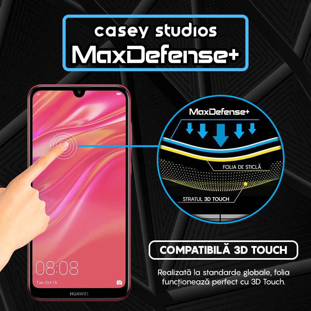 Folie Sticla CASEY STUDIOS™ compatibila cu Huawei Y7 2019 / Y7 Prime 2019 / Y7 Pro 2019, Full Cover 3D, Full Glue, Duritate Militara, Ultra HD, Anti Zgarieturi, Anti Socuri, Margini Negre