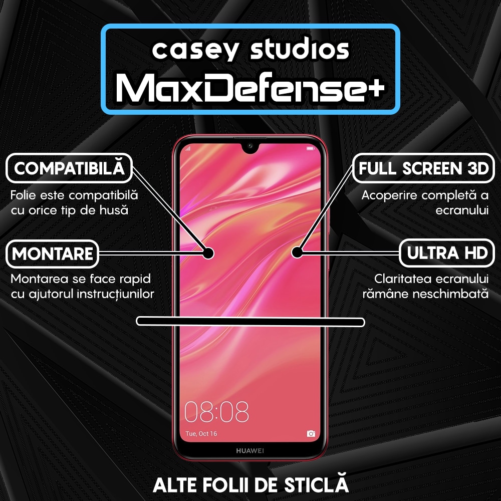 Folie Sticla CASEY STUDIOS™ compatibila cu Huawei Y7 2019 / Y7 Prime 2019 / Y7 Pro 2019, Full Cover 3D, Full Glue, Duritate Militara, Ultra HD, Anti Zgarieturi, Anti Socuri, Margini Negre