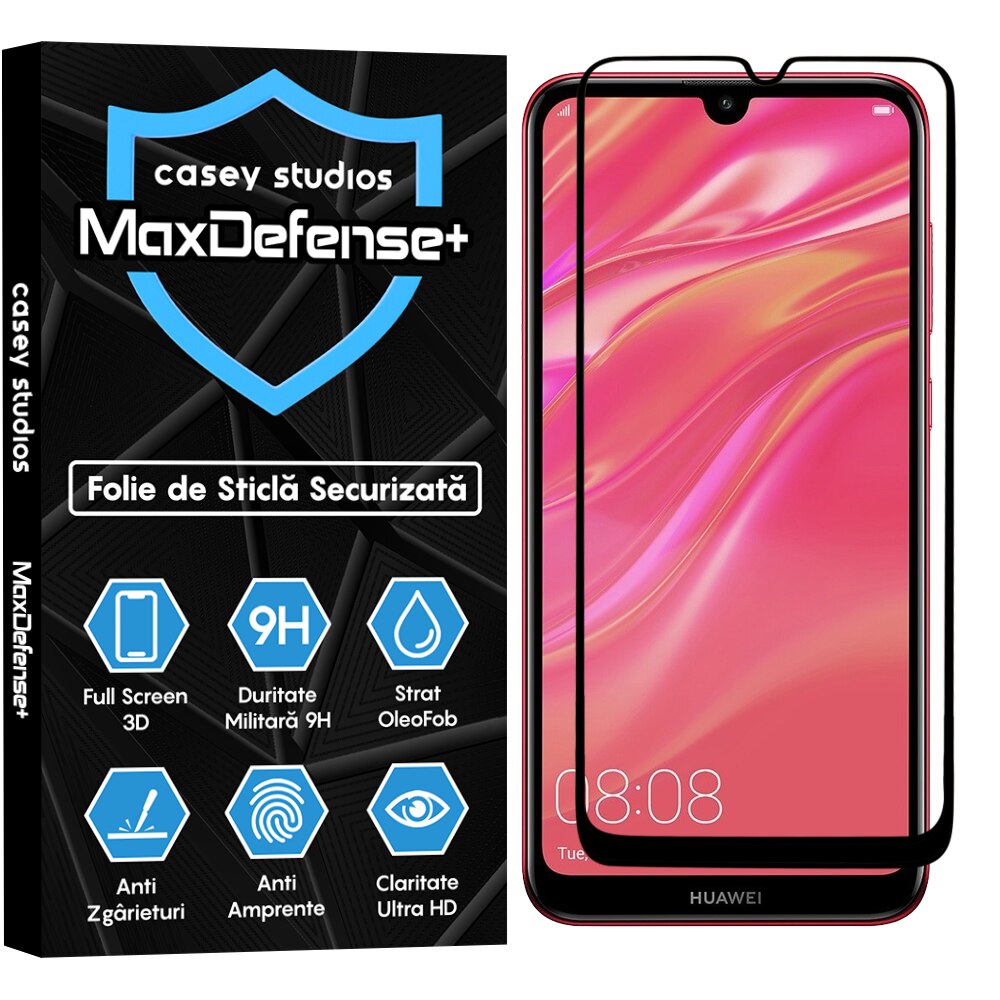 Folie Sticla CASEY STUDIOS™ compatibila cu Huawei Y7 2019 / Y7 Prime 2019 / Y7 Pro 2019, Full Cover 3D, Full Glue, Duritate Militara, Ultra HD, Anti Zgarieturi, Anti Socuri, Margini Negre