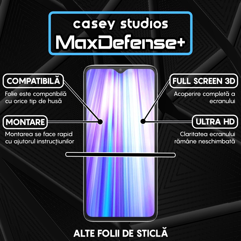 Folie Sticla CASEY STUDIOS™ compatibila cu Xiaomi Redmi Note 8 Pro, Full Cover 3D, Full Glue, Duritate Militara, Ultra HD, Anti Zgarieturi, Anti Socuri, Margini Negre